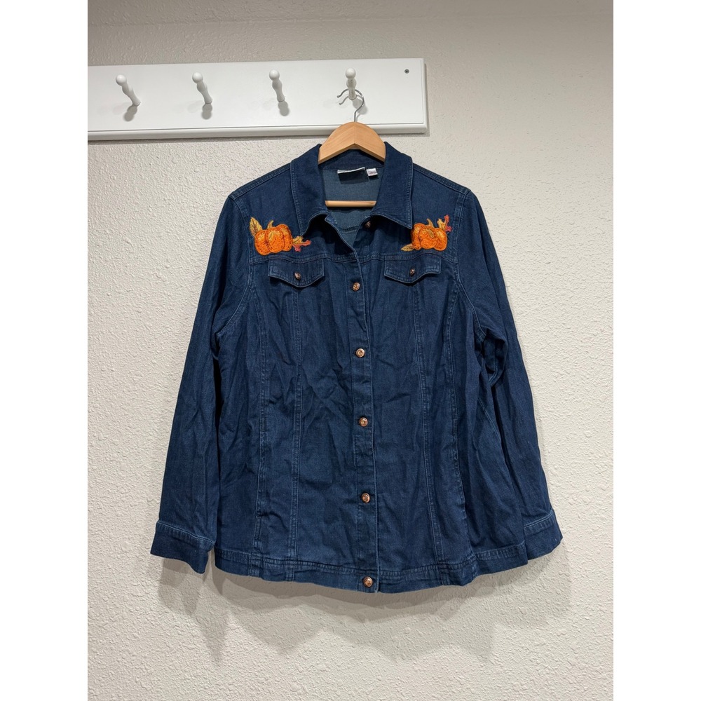 VTG Quacker Factory Denim Jacket XL Pumpkin Embroidered Rhinestone Fall Autumn